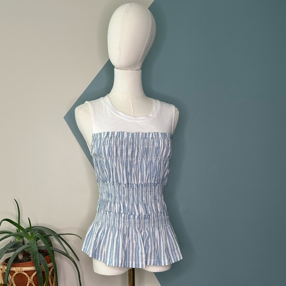Mystree Women’s Blue White Striped Smocked Peplum Tank Top Sleeveless Cotton S - Picture 2 of 10